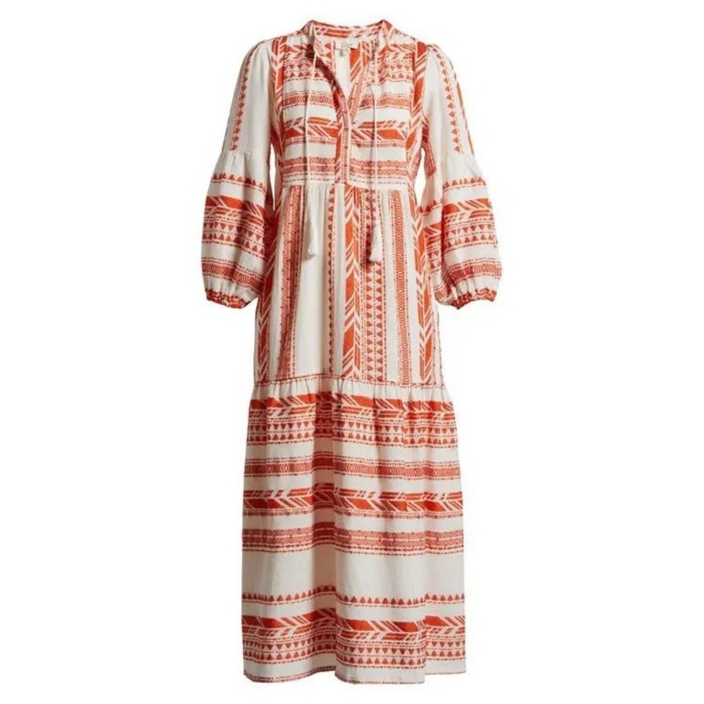 Elan Embroidered Boho Midi Dress XS Orange Ivory Cover-Up Tassel Tie Pockets - Picture 2 of 7